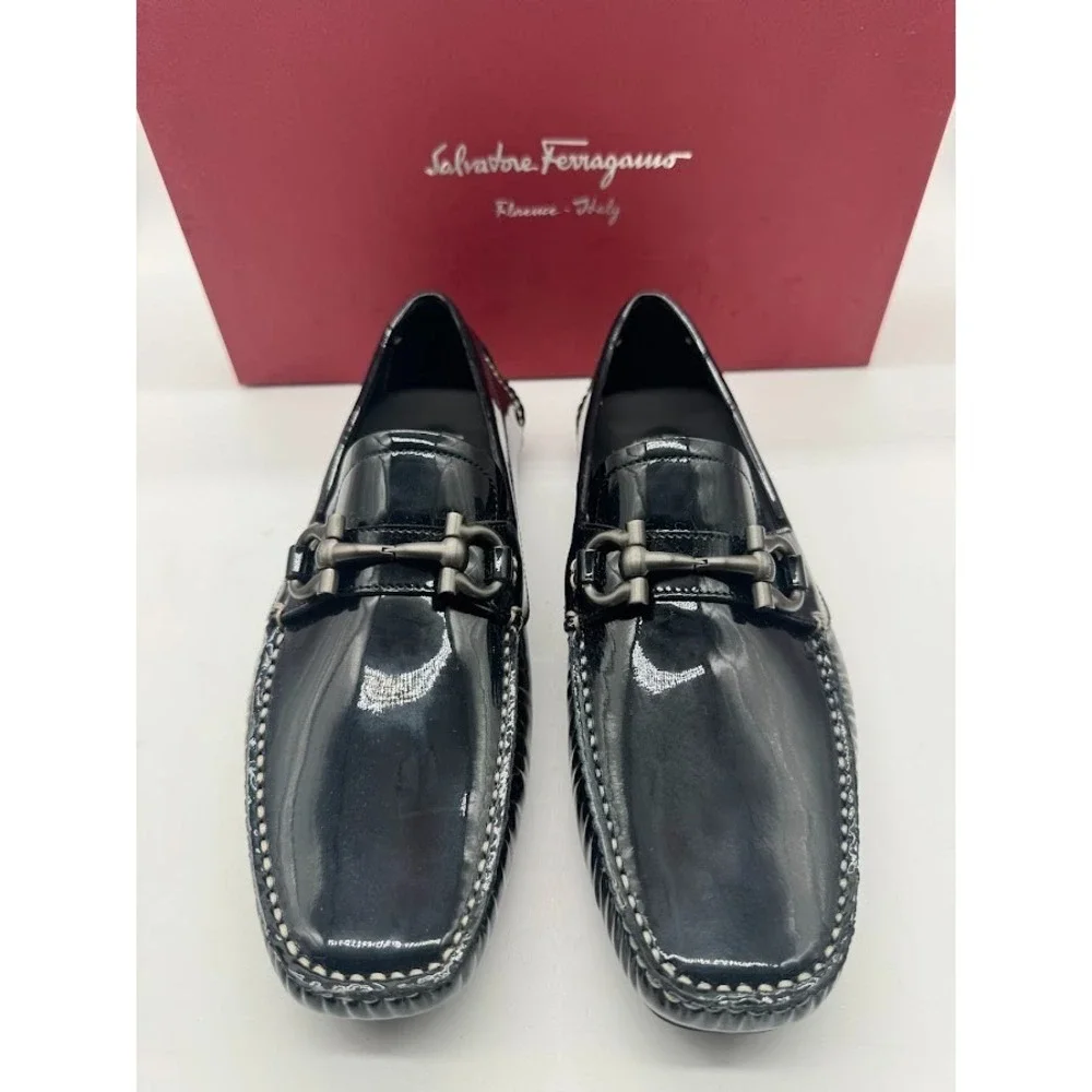 Salvatore Ferragamo Black Patent Leather Parigi Gancini Bit Driver Loafers